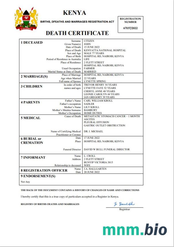 Kenya rekord życiowy śmierć certyfikat Word i PDF szablon